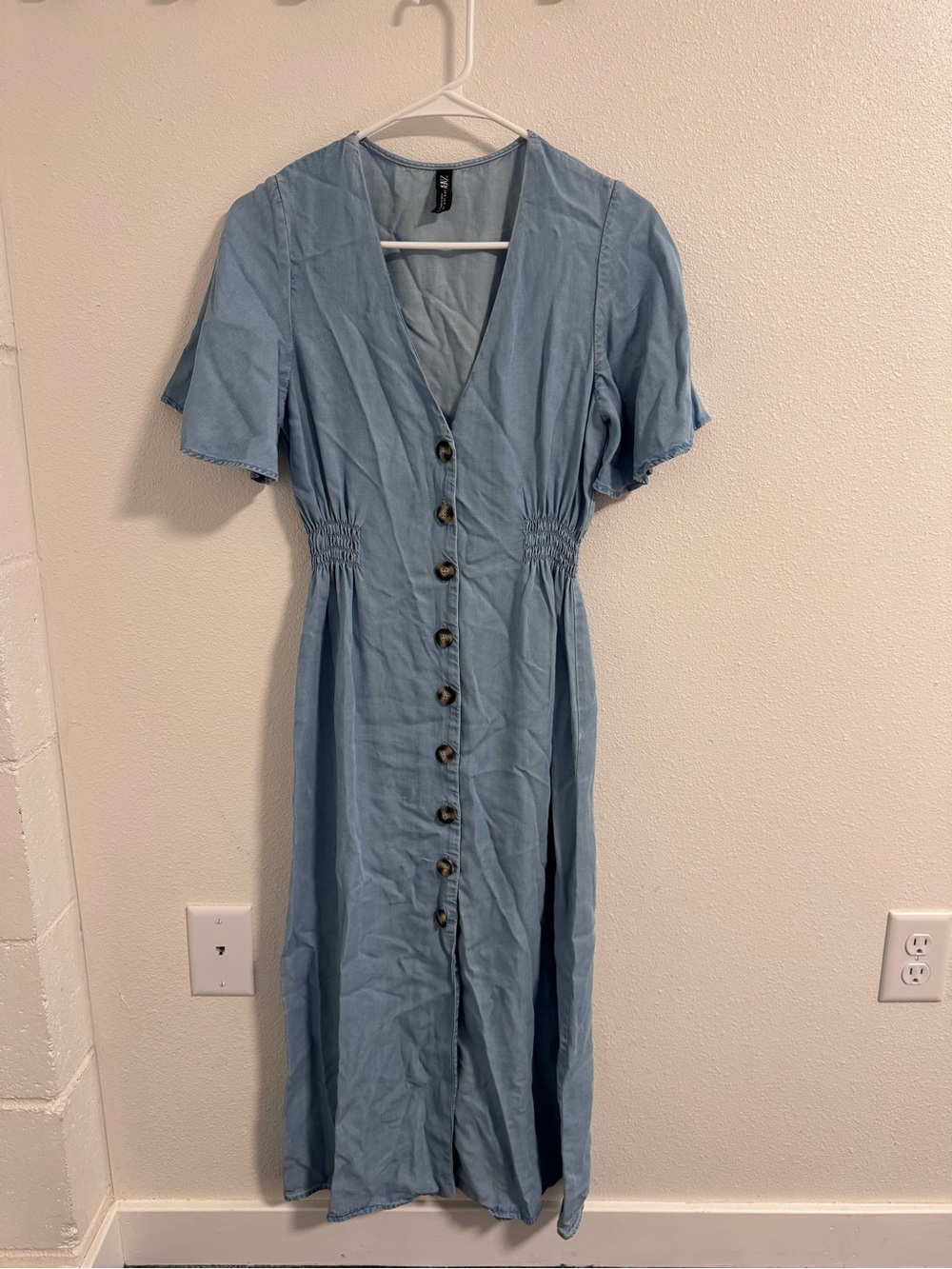 Zara Light Blue Button-Front Maxi Dress with Smocked Sides